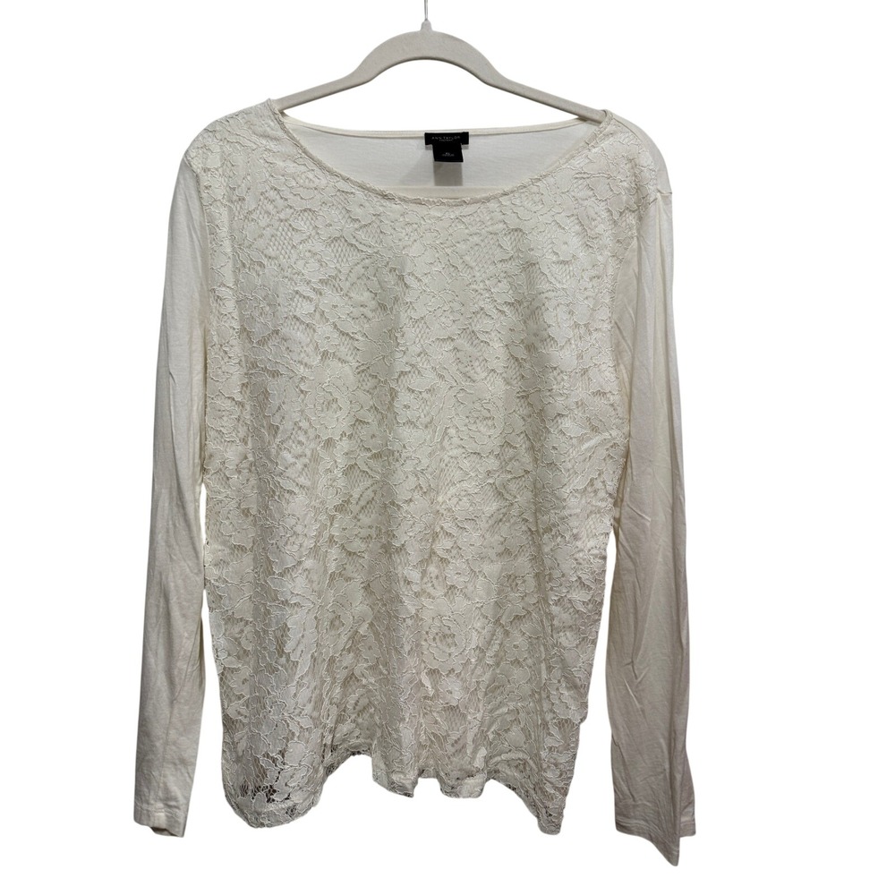 Ann‎ Taylor Factory Top Womens XL Ivory Floral Lace Front Long Sleeve Shirt